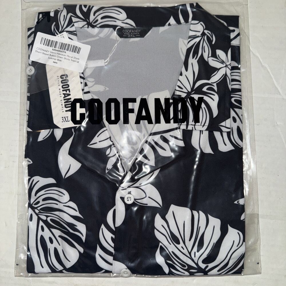 Coofandy Hawaiian Tropical Shirt Men's Button Up Black Floral Polyester 3XL